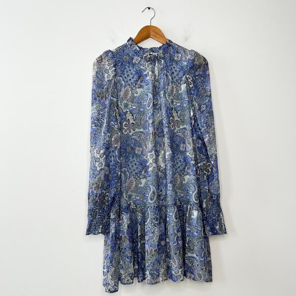 MARIE OLIVER Irena Mini Dress Size Large Silk Metallic Ruffle Smocked Boho Chic - Picture 4 of 15